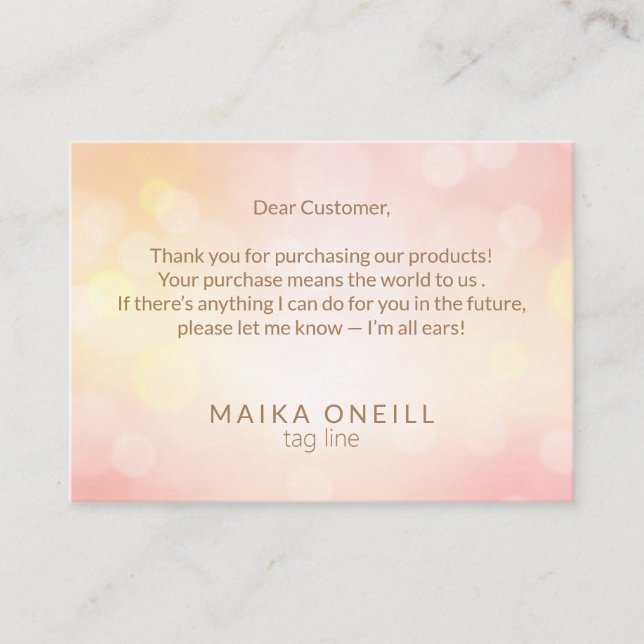 Luxury Chic Pink Bokeh thank you for your purchase Business Card (Front)