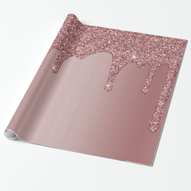 Luxury Chic Rose Gold Sparkle Glitter Drips Wrapping Paper (Unrolled)