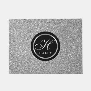 Luxury Chic Silver Grey Glitter Monogram Initial Doormat