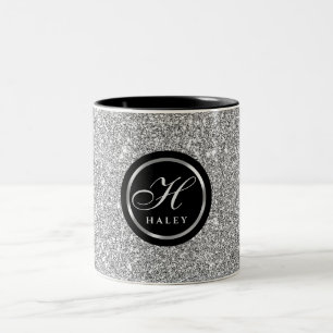 Luxury Chic Silver Grey Glitter Monogram Initial Two-Tone Coffee Mug
