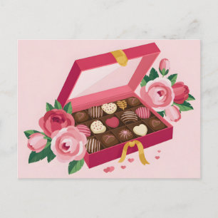 Luxury Chocolate Box with Pink Roses Postcard