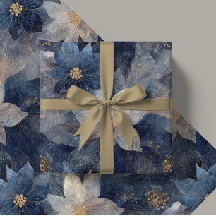 Luxury Christmas Blue and White Poinsettia Gift  Wrapping Paper