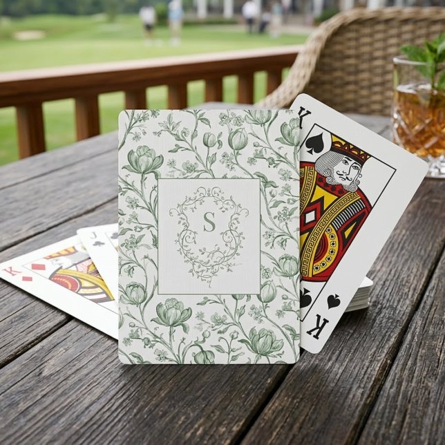 Luxury Classic Sage French Toile Monogram Crest Playing Cards (Creator Uploaded)
