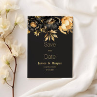 Luxury classy black gold peony flora Save the Date