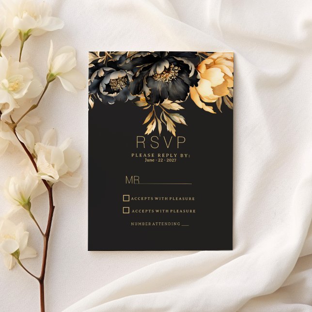 Luxury classy black gold peony floral RSVP Invitation (Luxury classy black gold peony floral RSVP )