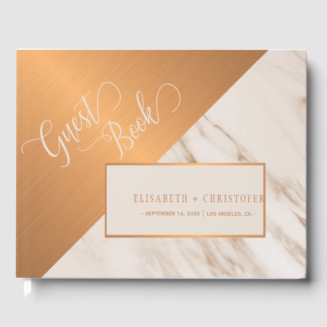 Luxury classy marble copper monogram wedding guest book (Front)