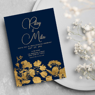 Luxury classy navy blue gold wildflower Wedding Invitation