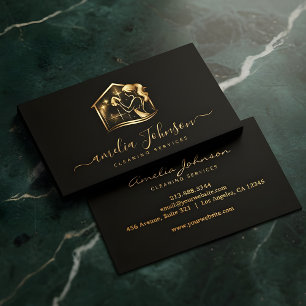 Luxury Cleaning Service   Gold Housekeeping Logo Business Card