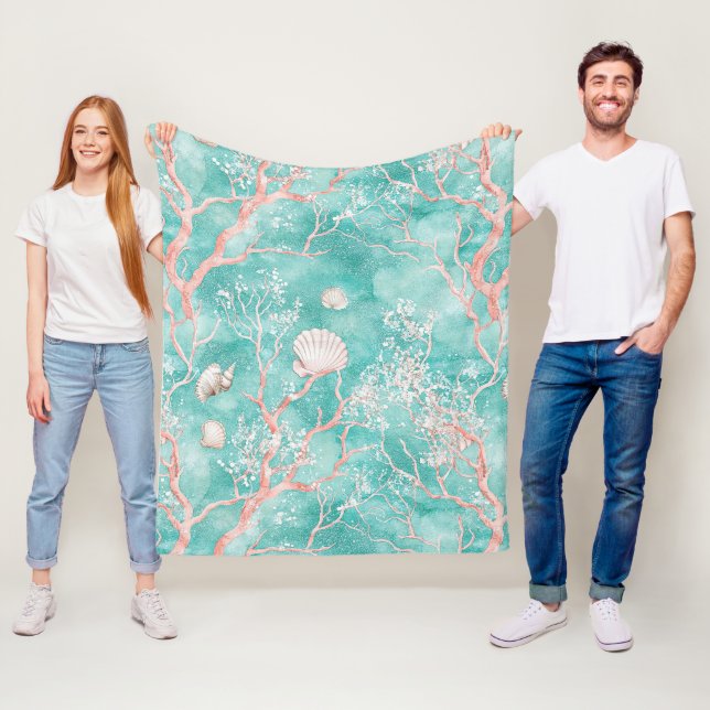 Luxury Coastal Coral Pattern Fleece Blanket (In Situ)