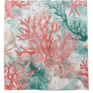 Luxury Coastal Coral Pattern Shower Curtain