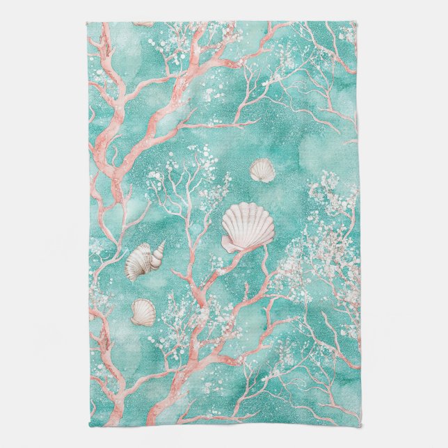 Luxury Coastal Coral Pattern Tea Towel (Vertical)