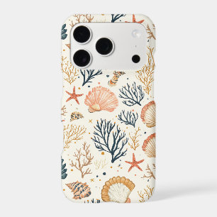 Luxury Coastal Seashell Blue Coral Peach Pattern