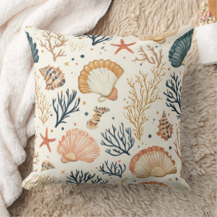 Luxury Coastal Seashell Blue Coral Peach Pattern Cushion