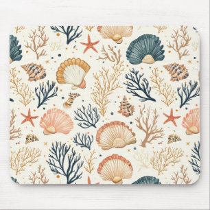 Luxury Coastal Seashell Blue Coral Peach Pattern Mouse Pad