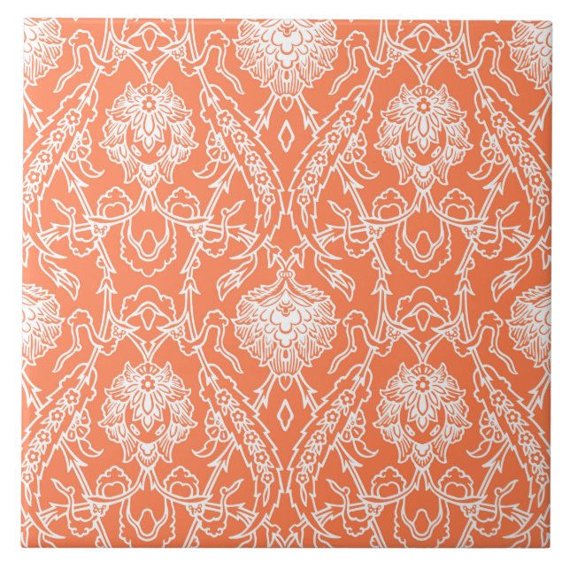 Luxury Coral and White Damask Pattern Decorative Tile (Front)