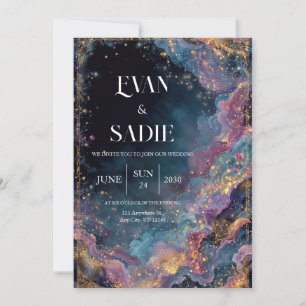 Luxury Cosmic Cloudscape Gold Glitter Wedding Invitation