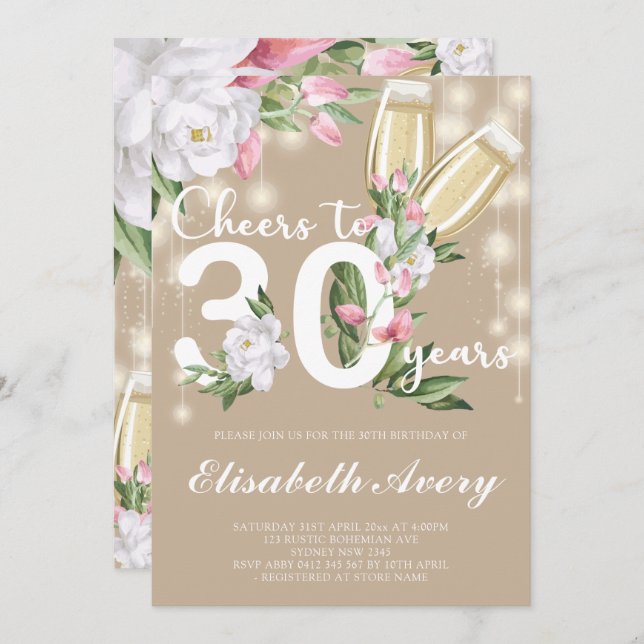 Luxury Cream Champagne Floral 30th Birthday Party Invitation (Front/Back)