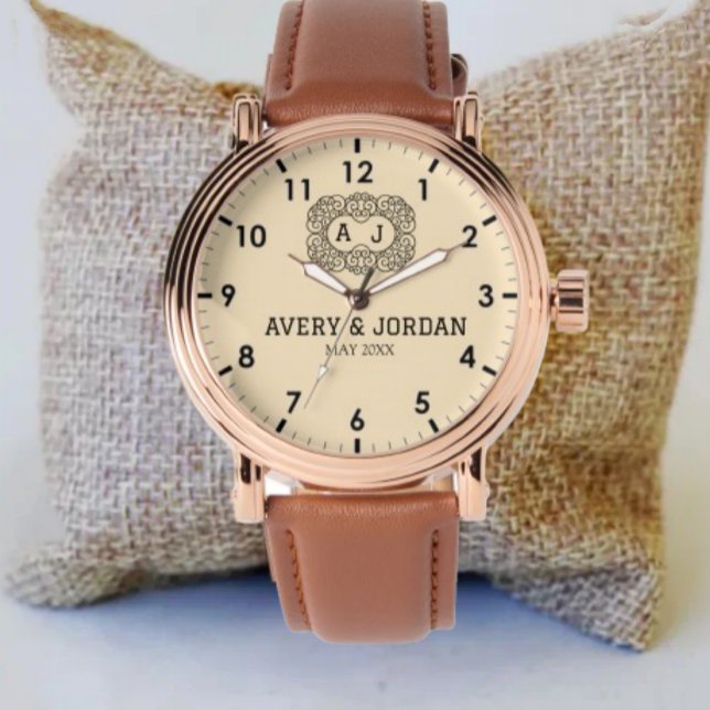 Luxury cream couple names initials monogram watch (Creator Uploaded)