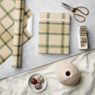 Luxury Cream Green & Gold Tartan Elegant Neutral Wrapping Paper