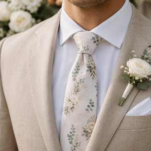 Luxury Cream Rose and Eucalyptus Botanical Wedding Tie