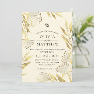  Luxury Crema Gold Leaf Wedding  Invitation