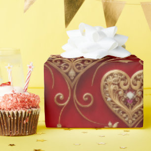 Luxury Crimson Red and Gold Filigree Jewelled Hear Wrapping Paper