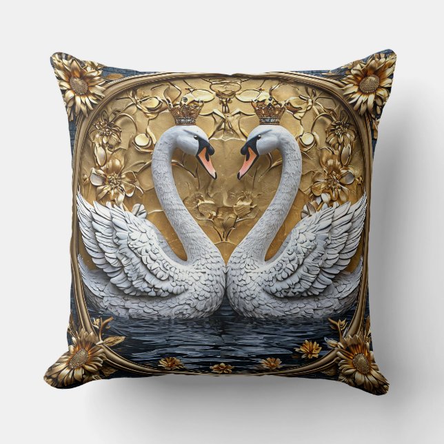 Luxury Crowned Swan Royal Gold Elegant Romantic Cushion (Front)