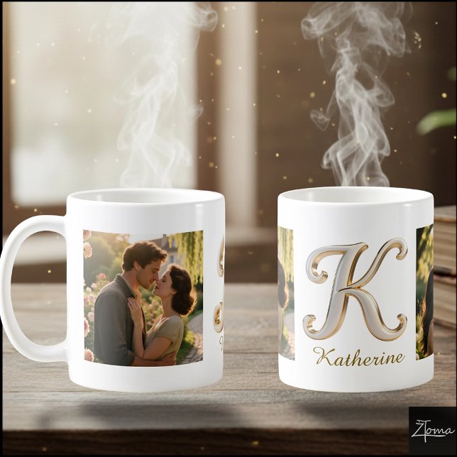 Luxury Cursive Gold White Initial  K + 2 PHOTO Coffee Mug (Creator Uploaded)