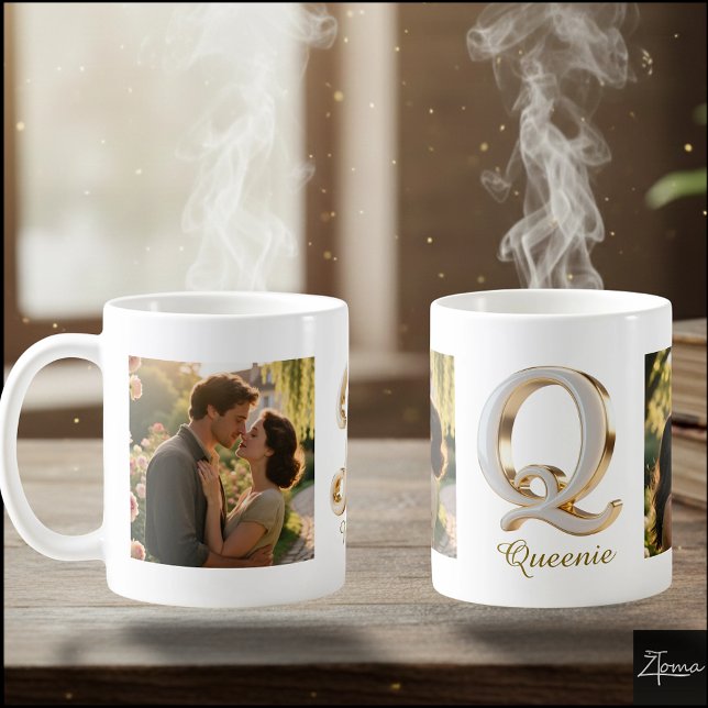 Luxury Cursive Gold White Initial  Q + 2 PHOTO Coffee Mug (Creator Uploaded)