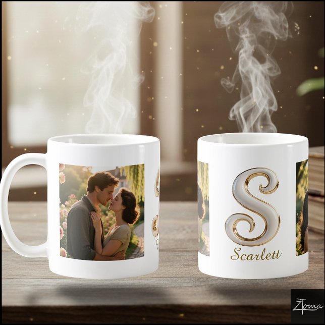 Luxury Cursive Gold White Initial  S + 2 PHOTO Coffee Mug (Creator Uploaded)