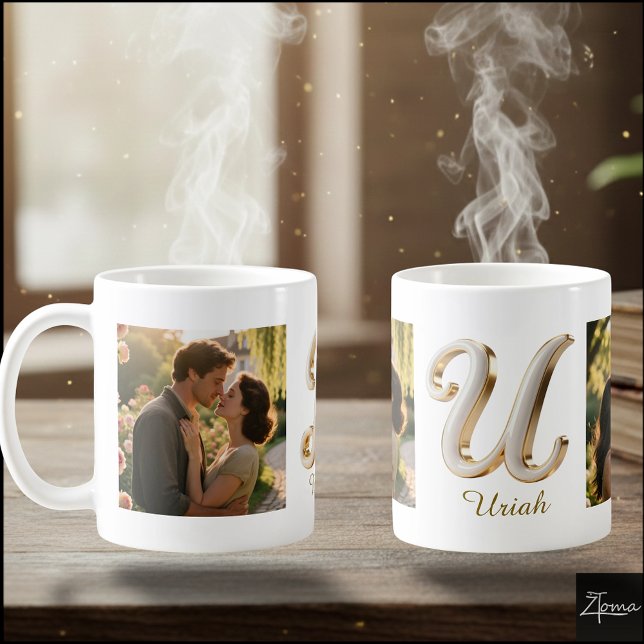 Luxury Cursive Gold White Initial  U + 2 PHOTO Coffee Mug (Creator Uploaded)