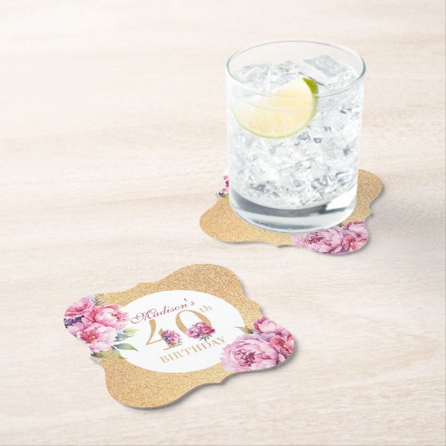 Luxury Custom 40th Birthday Peonies Gold Glitter  Paper Coaster (Insitu)