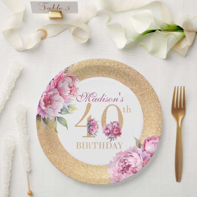 Luxury Custom 40th Birthday Peonies Gold Glitter  Paper Plate (Wedding)