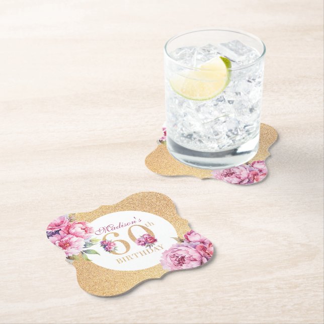 Luxury Custom 60th Birthday Peonies Gold Glitter  Paper Coaster (Insitu)