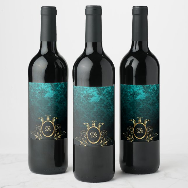 Luxury Damask gold Frame monogram Wine Label (Bottles)