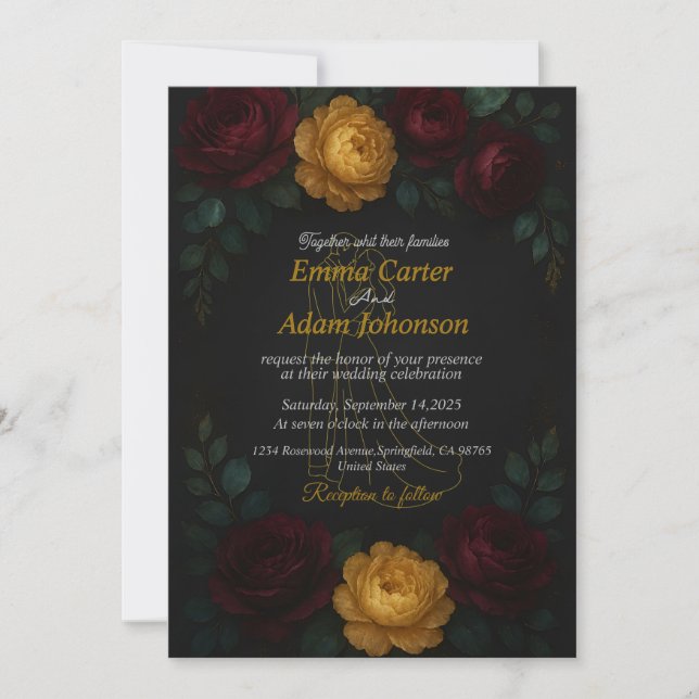 Luxury Dark Botanical Wedding Background Invitation (Front)
