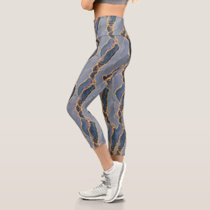 Luxury Dark Gray Marble Texture with Gold Veins Capri Leggings