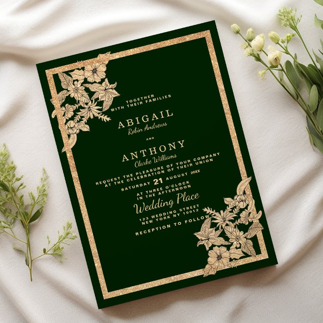Luxury dark green gold glitter floral Wedding Invitation (Luxury dark green gold glitter floral Wedding )