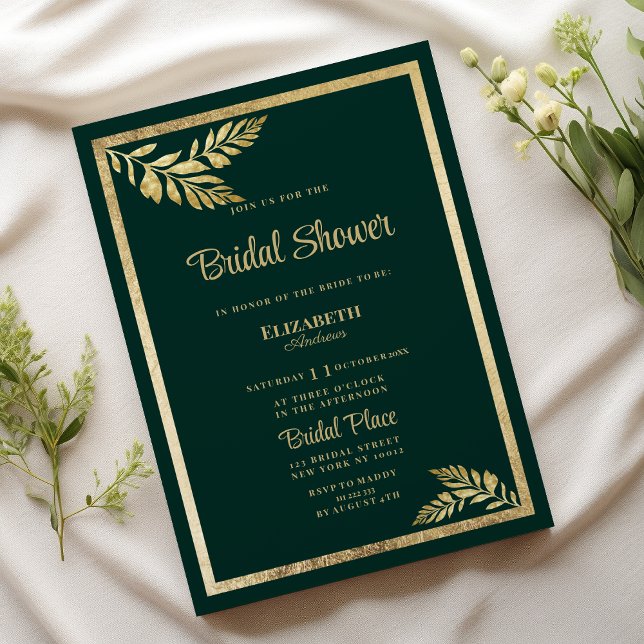 Luxury dark green golden leaf frame Bridal Shower Invitation (Luxury dark green golden leaf frame Bridal Shower)
