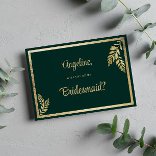 Luxury dark green golden leaf frame Bridesmaid  Invitation