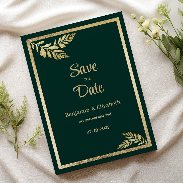 Luxury dark green golden leaf frame Save the Date  Invitation (Luxury dark green golden leaf frame Save the Date)