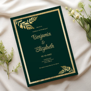 Luxury dark green golden leaf frame Wedding Invitation