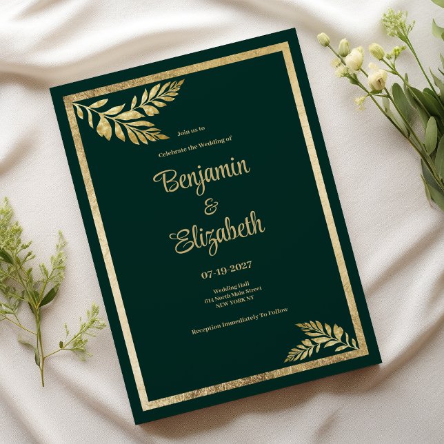 Luxury dark green golden leaf frame Wedding Invitation (Luxury dark green golden leaf frame Thank You)