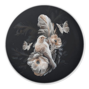 Luxury Dark Print Knob, Bird, Flower and Feather 1 Ceramic Knob