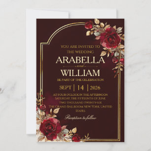 Luxury Dark Red Rose Elegant Gold Frame Wedding Invitation