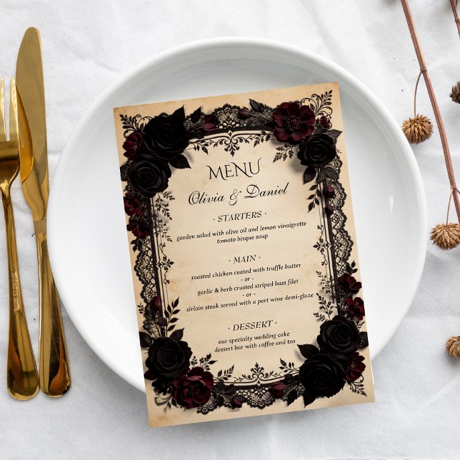 Luxury Dark Romance Black Lace Victorian Wedding Menu (Creator Uploaded)