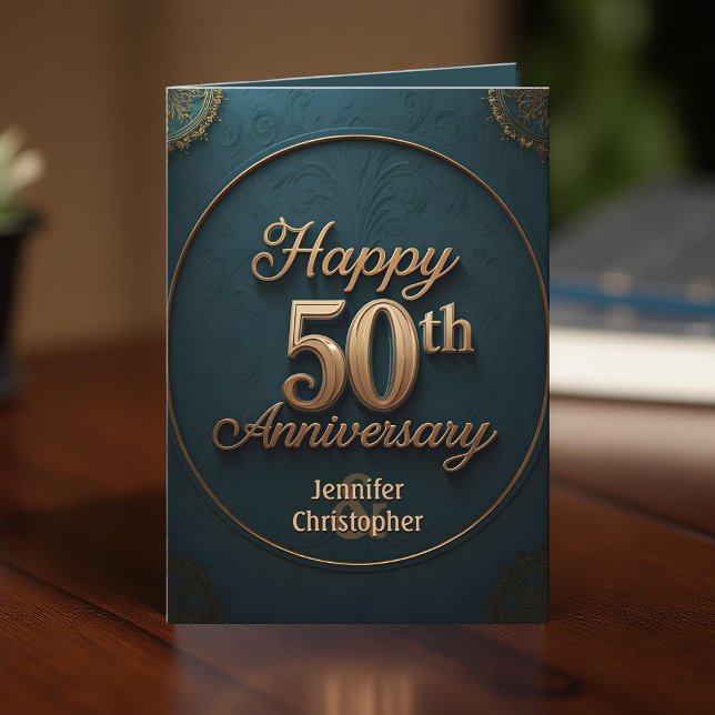 Luxury Deep Blue and Gold 50th Wedding Anniversary Card (Creator Uploaded)