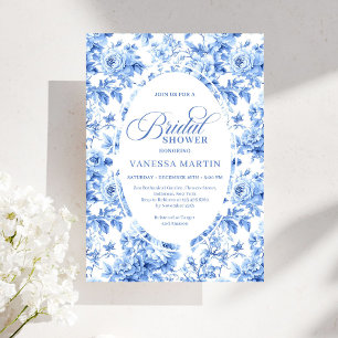 Luxury Deep Blue Toile Roses Bridal Shower Invite