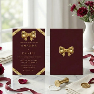 Luxury Deep Burgundy and Golden Bow Wedding  Invitation