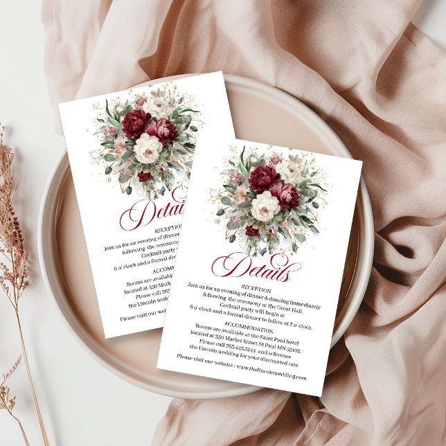 Luxury Deep Red Floral Eucalyptus Gold Info Card (Luxury Deep Red Floral Eucalyptus Gold Info Card)